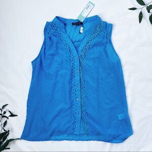 NWT Papermoon Blue Turquoise Milton Button-Up Blouse Swiss Dot Eyelet Sheer